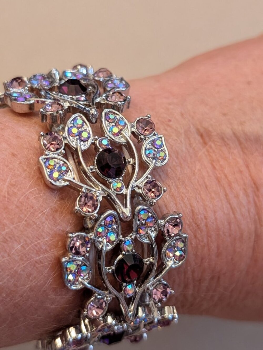 Danbury Mint Cherry Blossom Bracelet AB Crystal Multicolor Stretch Silver‎ Tone